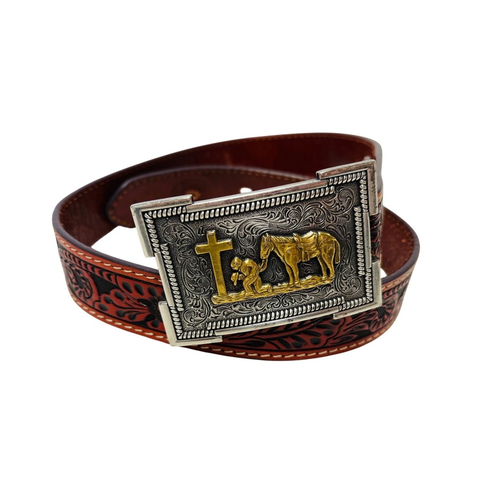 3D Belt Youth 26 Brown Tooled Leather Praying Cowboy Buckle Western Rodeo Faith